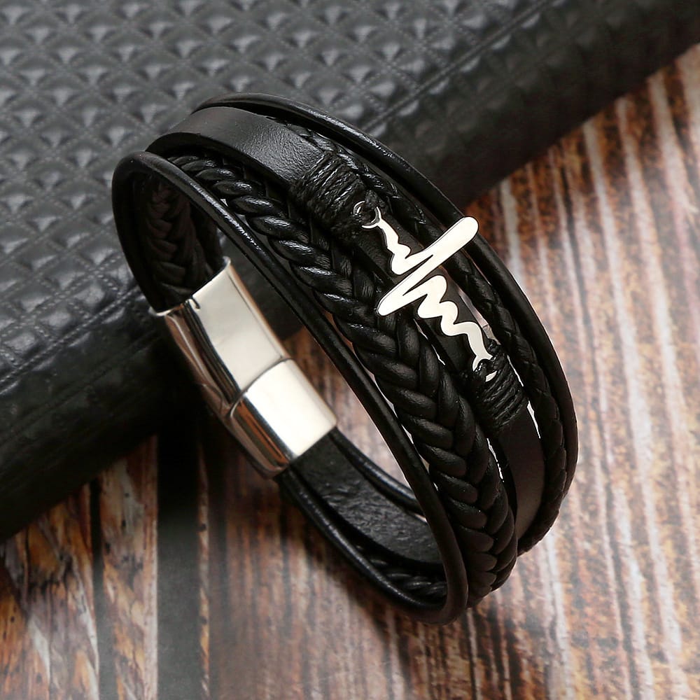 Bratara-barbati-piele-naturala-negru-Heartbeat