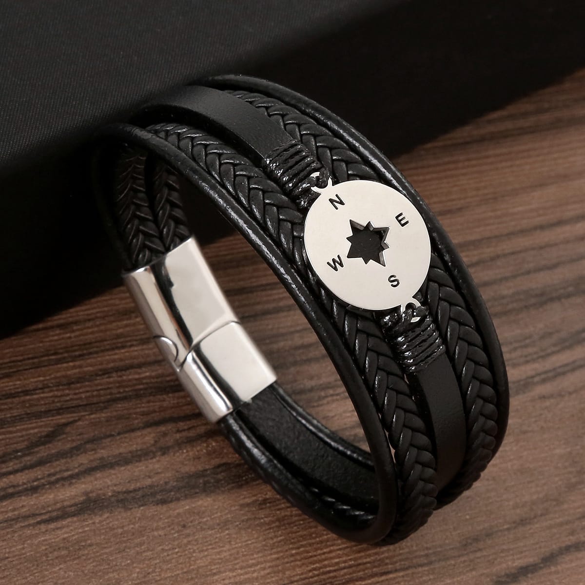 Bratara-barbati-piele-naturala-negru-Compass