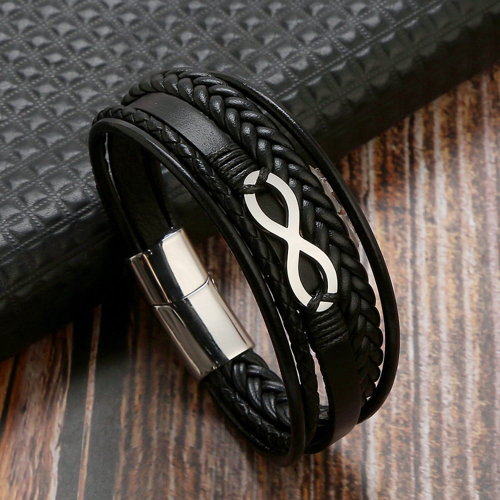 Bratara-barbati-piele-naturala-negru-Infinit
