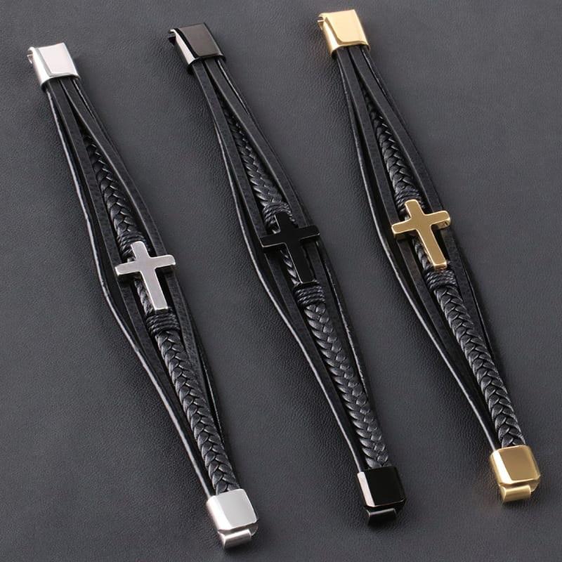 Bratara-barbati-piele-naturala-negru-argintiu-Cross2