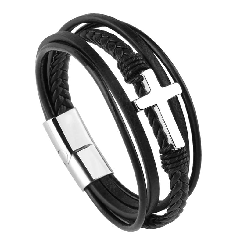 Bratara-barbati-piele-naturala-negru-argintiu-Cross