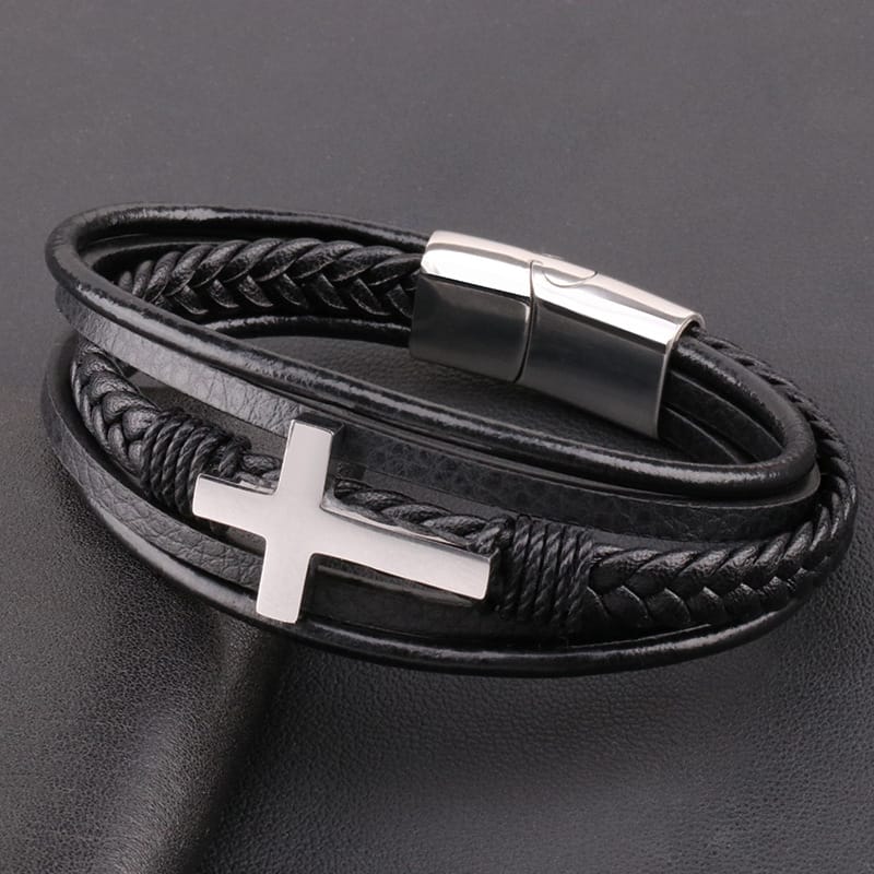 Bratara-barbati-piele-naturala-negru-argintiu-Cross1