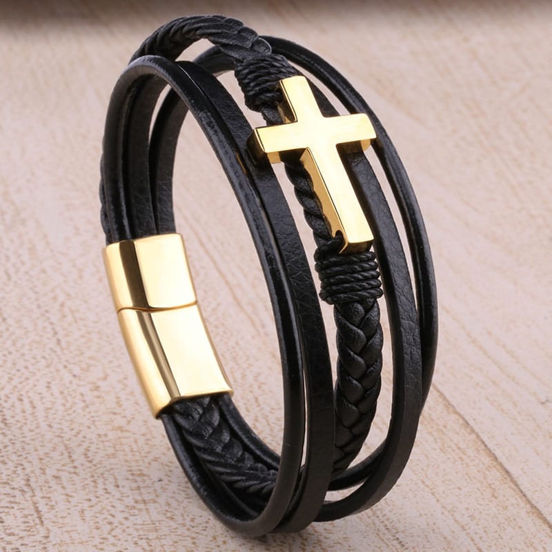 Bratara-barbati-piele-naturala-negru-auriu-Cross