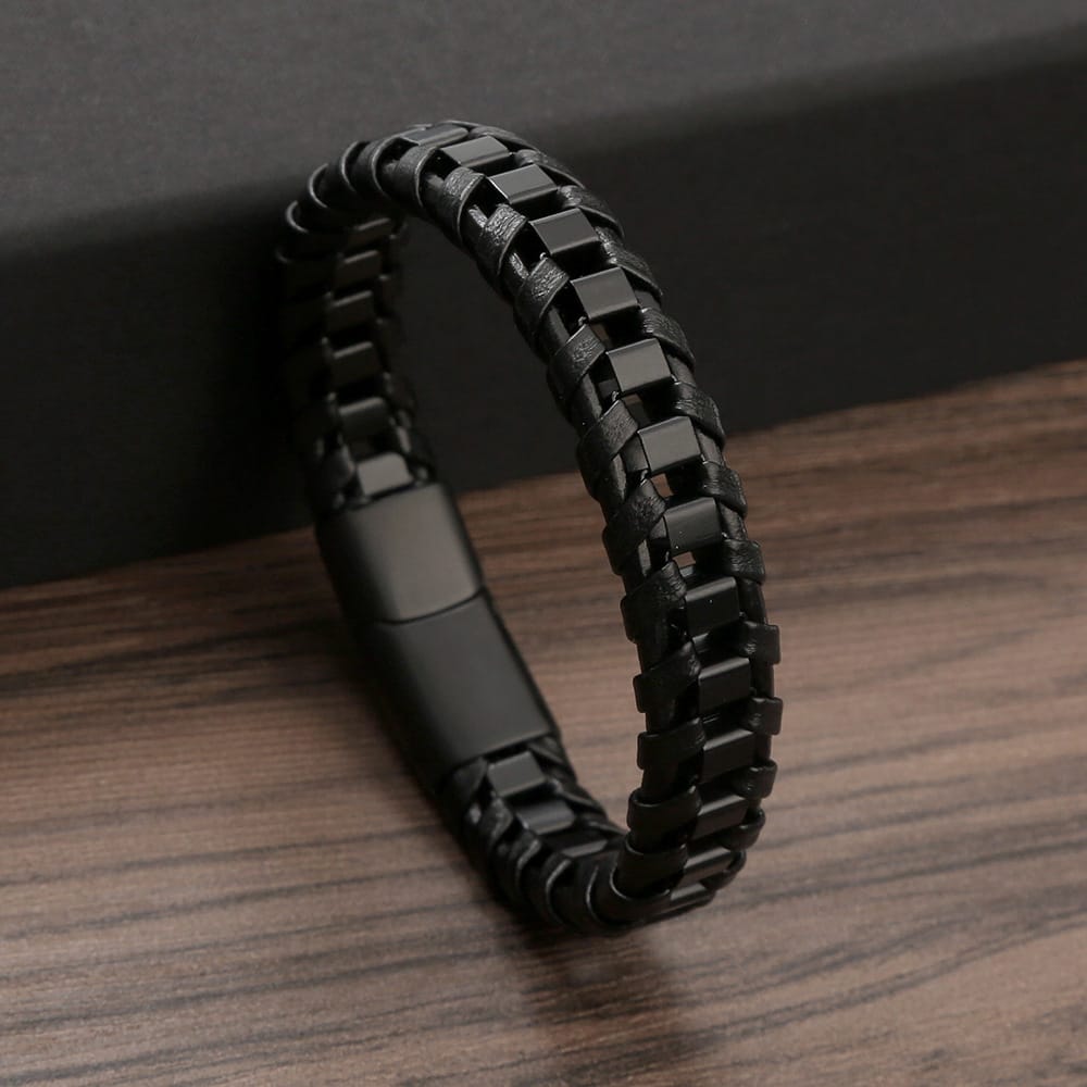 Bratara-barbati-piele-naturala-negru-Chain