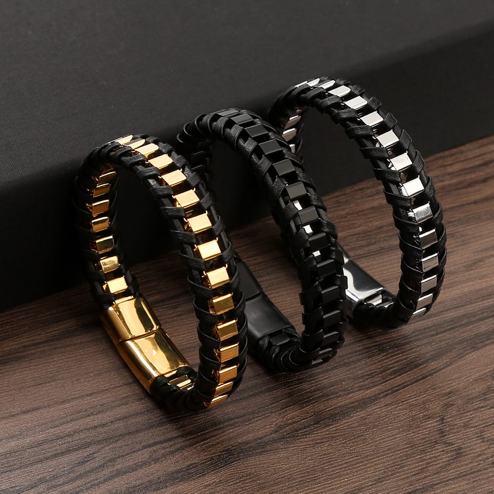 Bratara-barbati-piele-naturala-negru-Chain1