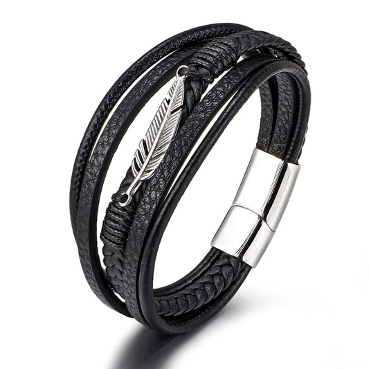 Bratara-barbati-piele-naturala-negru-Frunza