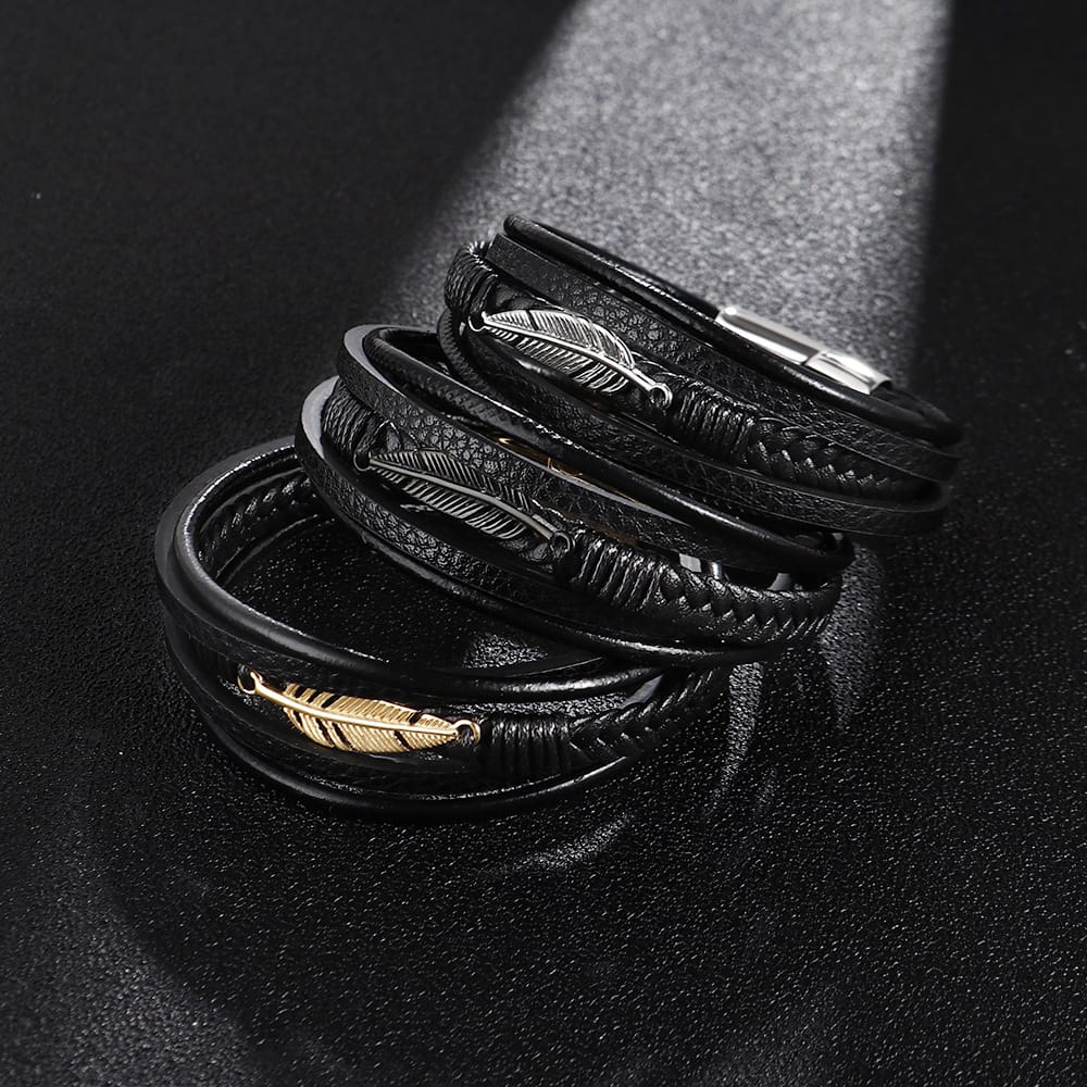 Bratara-barbati-piele-naturala-negru-Frunza3