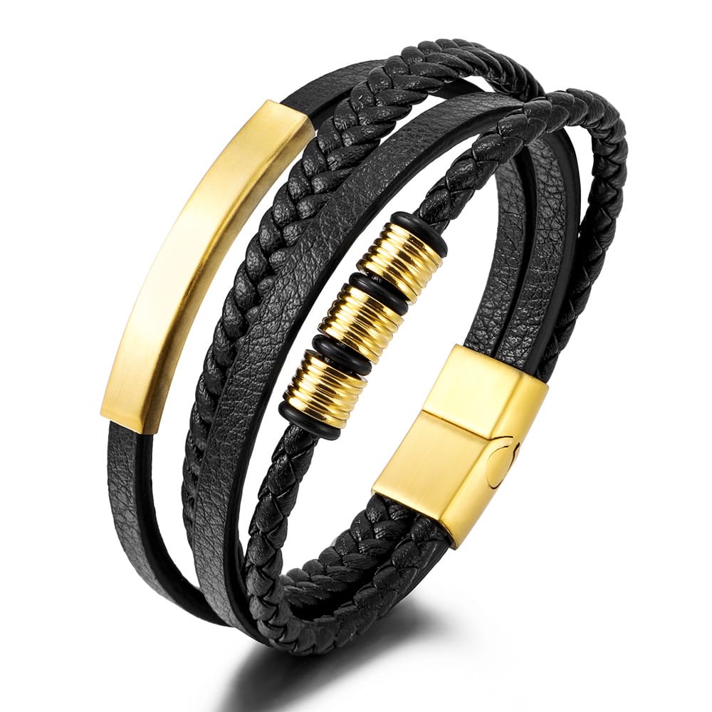 Bratara-barbati-piele-naturala-negru-auriu-Essentials