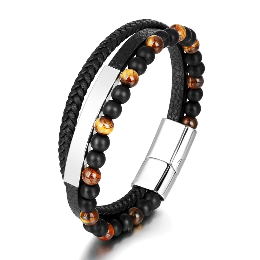 Bratara-barbati-piele-naturala-negru-argintiu-Rory