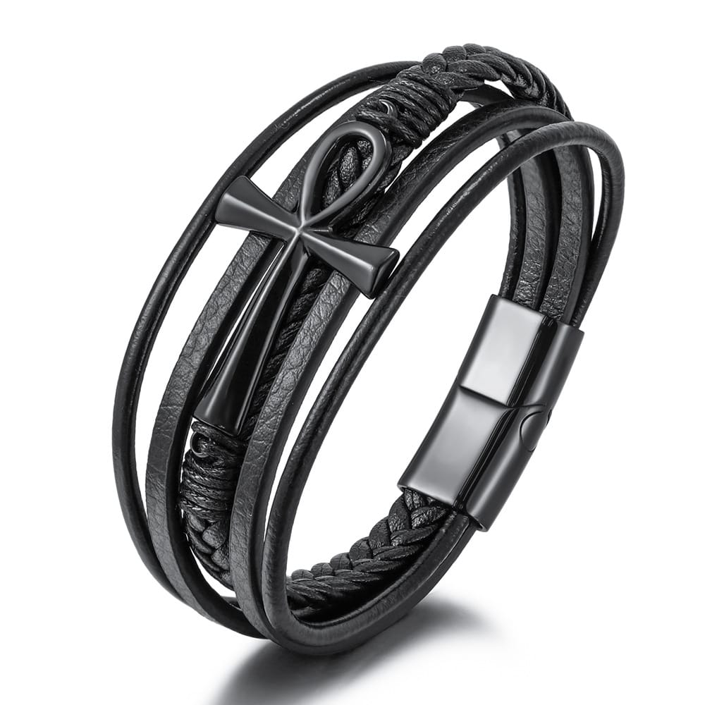Bratara-barbati-piele-naturala-negru-Cruce