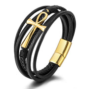 Bratara-barbati-piele-naturala-negru-auriu-Cruce