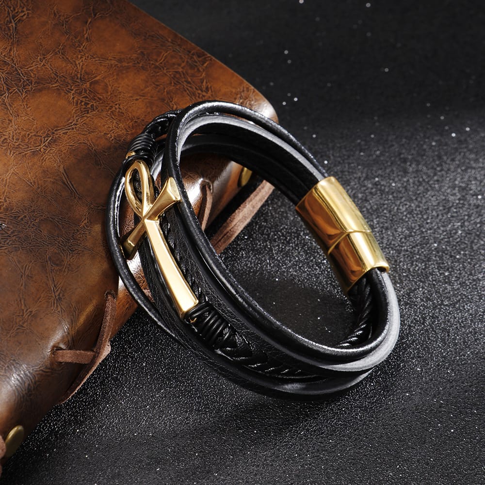 Bratara-barbati-piele-naturala-negru-auriu-Cruce1
