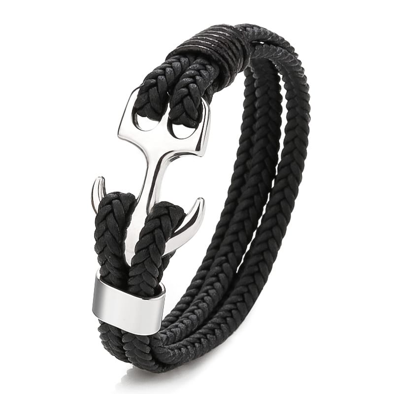 Bratara-barbati-piele-naturala-negru-argintiu-Ancora