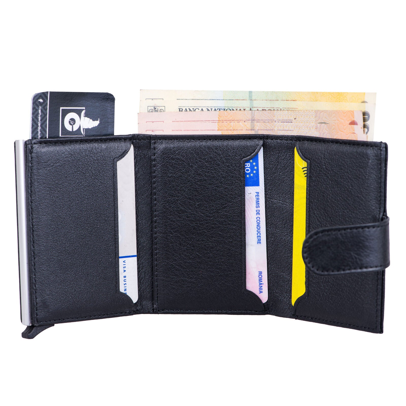 Port-card barbati din piele naturala negru Master Slide Pro,protectie RFID