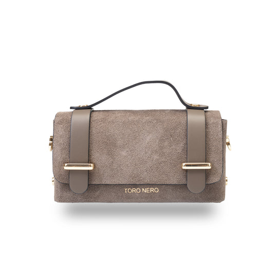 Damenhandtasche aus taupefarbenem echtem Leder – Veloursleder Natalia