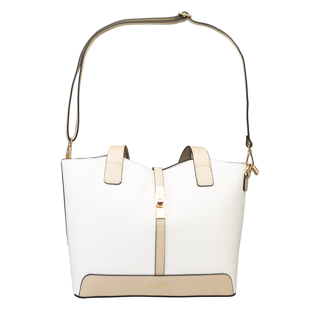 Bolso de mujer de piel natural beige-blanco Sorina