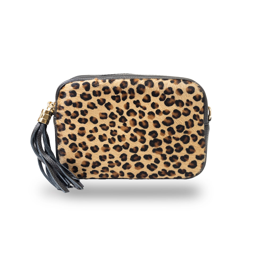 Damenhandtasche aus echtem Leder schwarz Leopard Adela