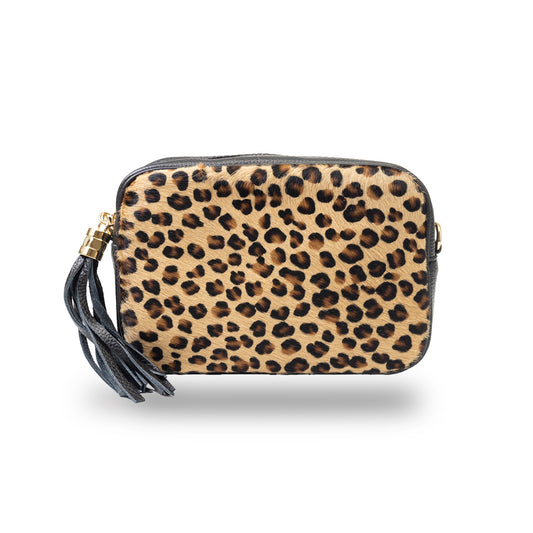 Damenhandtasche aus echtem Leder schwarz Leopard Adela