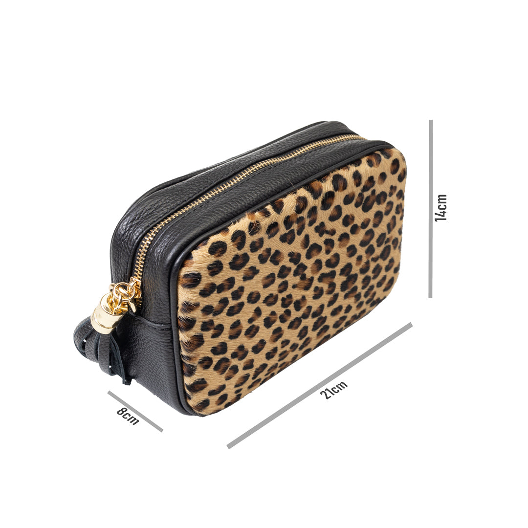 Damenhandtasche aus echtem Leder schwarz Leopard Adela