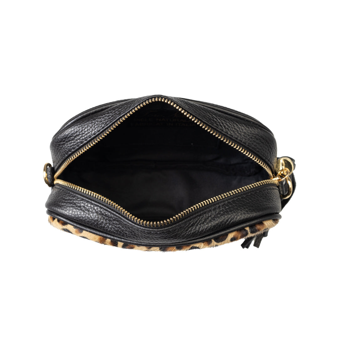 Damenhandtasche aus echtem Leder schwarz Leopard Adela