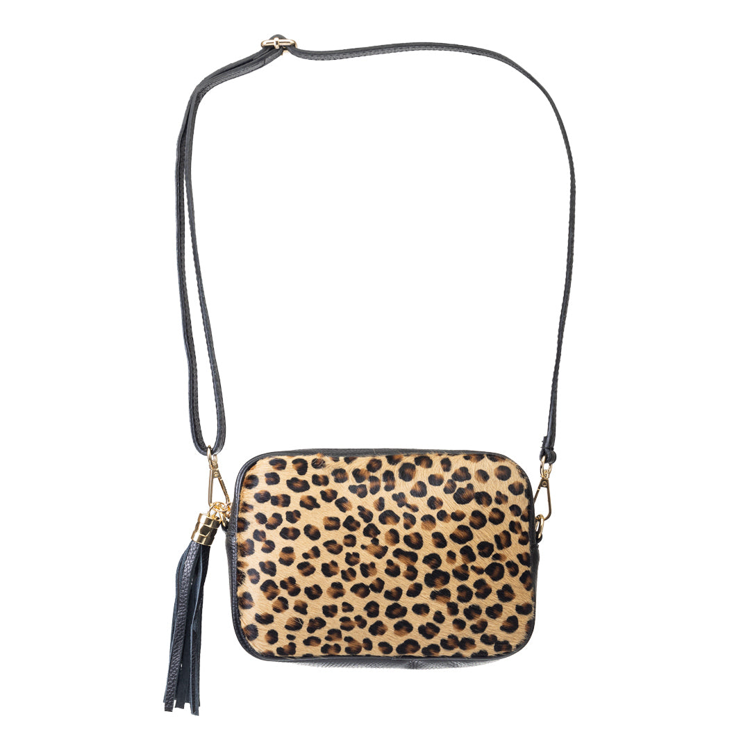Damenhandtasche aus echtem Leder schwarz Leopard Adela