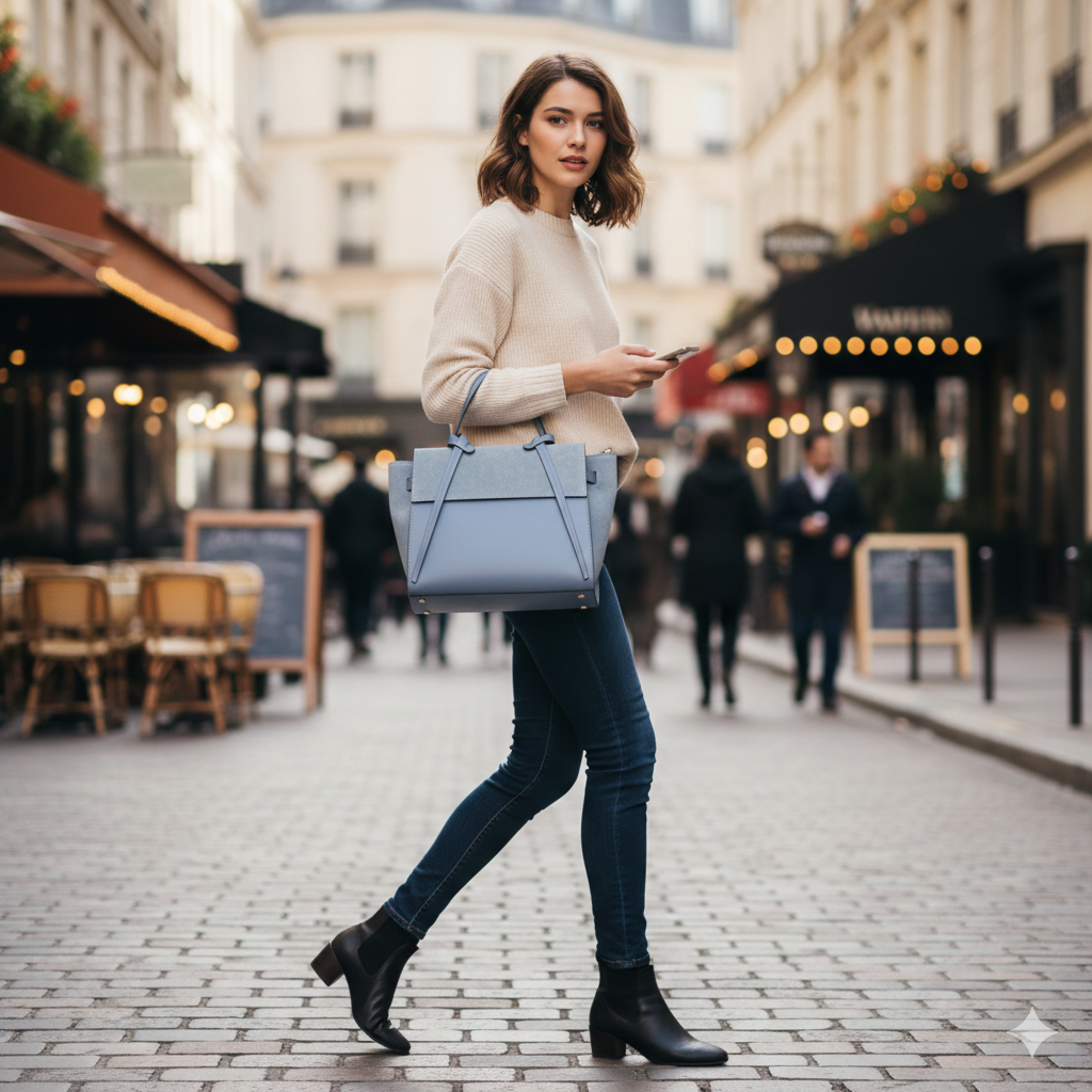 Bolso de mujer de piel de ante natural azul claro Erika