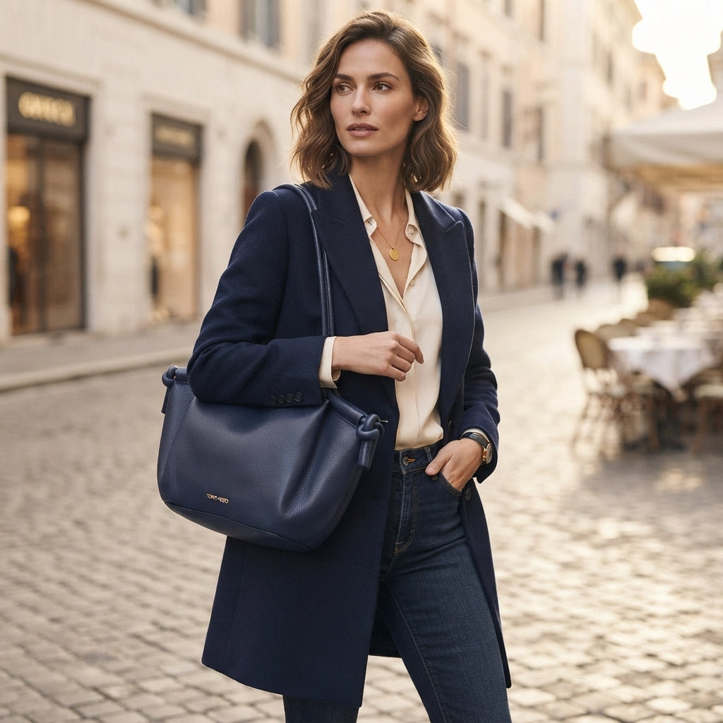 Geanta dama din piele naturala bleumarin Karina