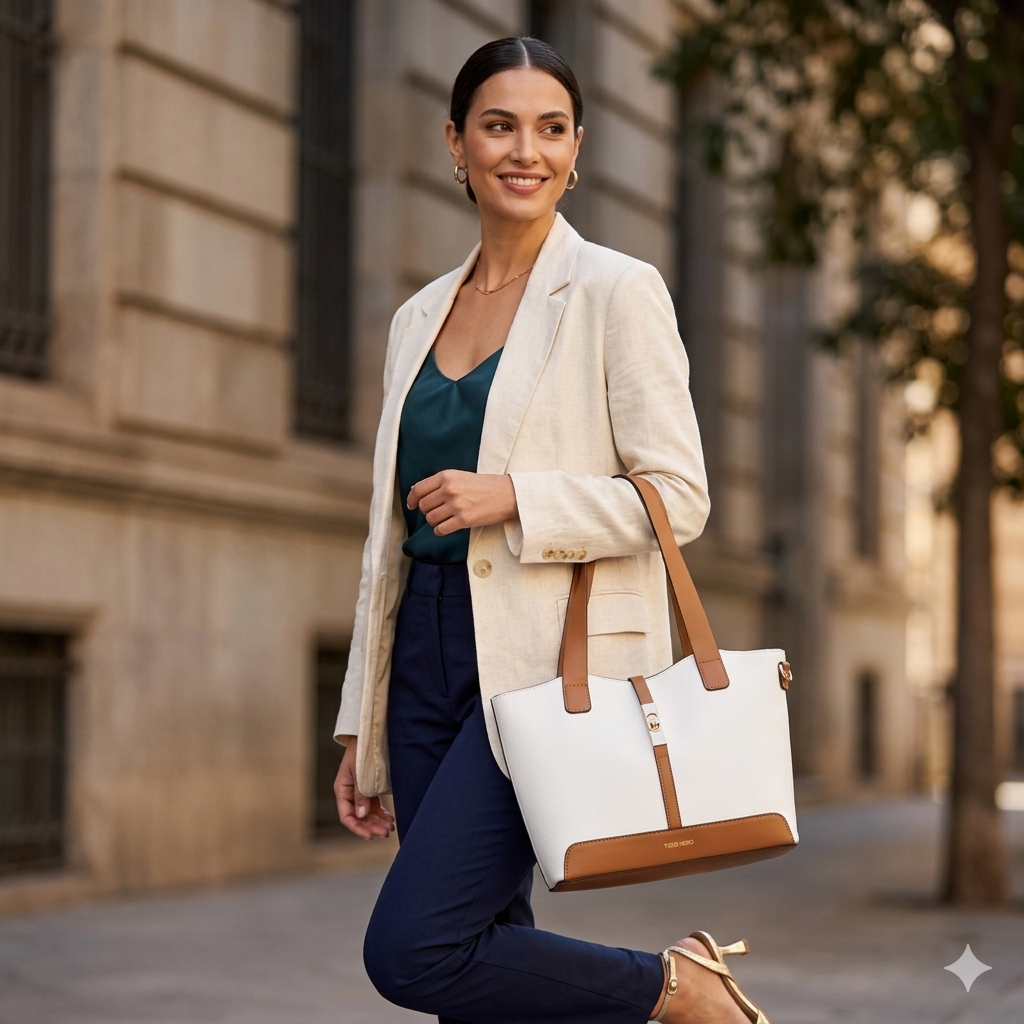 Bolso de mujer de piel natural marrón-blanco Sorina