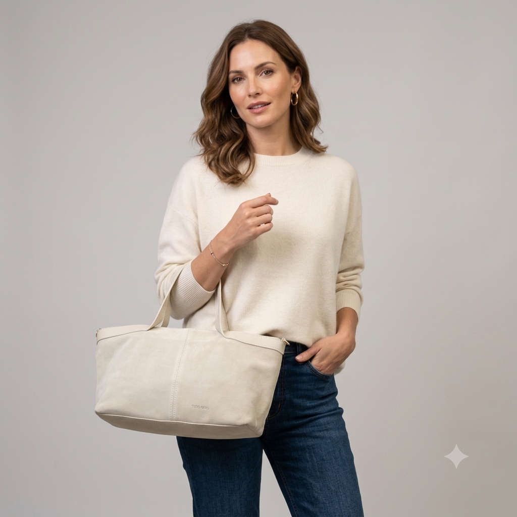 Geanta dama din piele intoarsa naturala bej Bianca