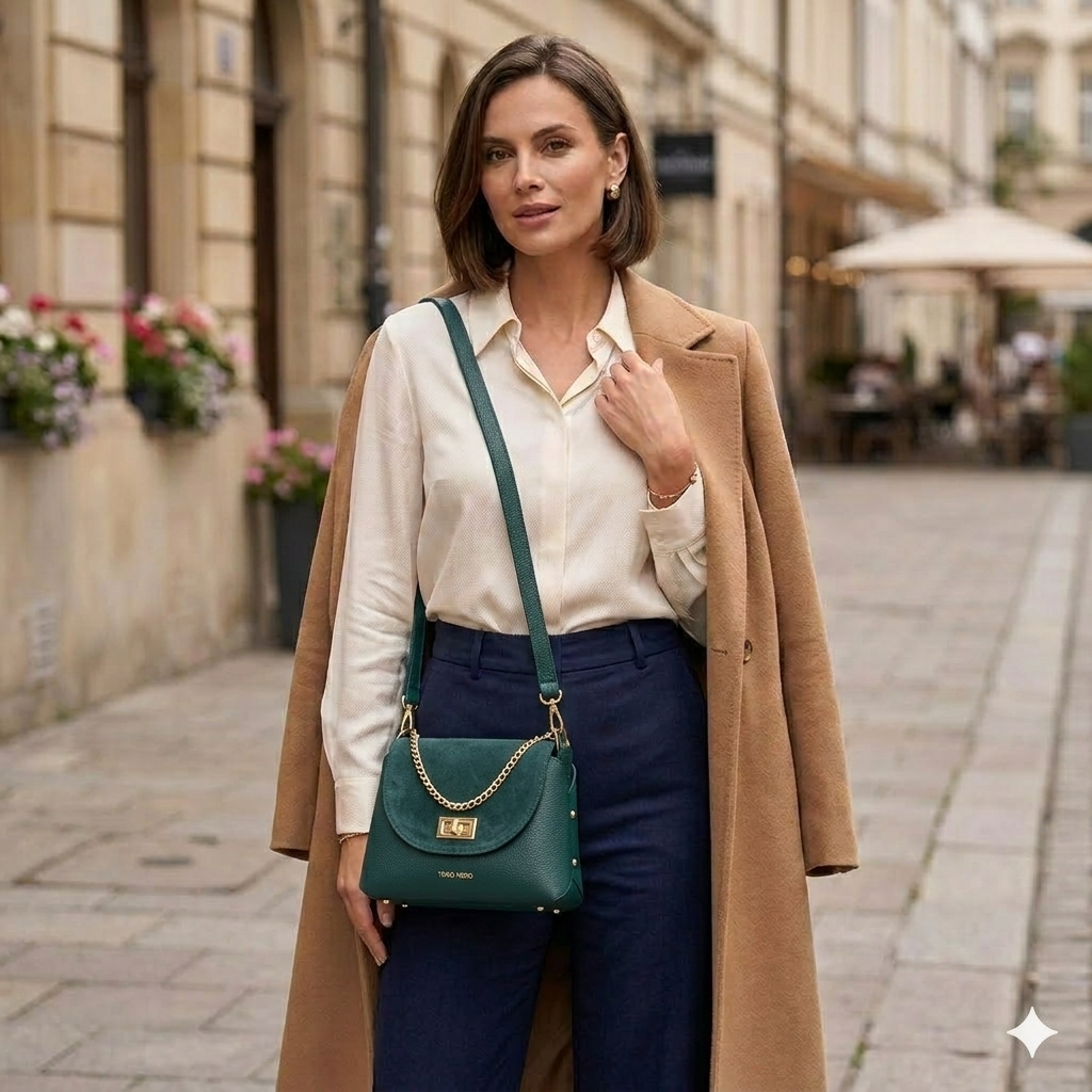 Bolso de mujer de ante natural, verde petróleo Raisa