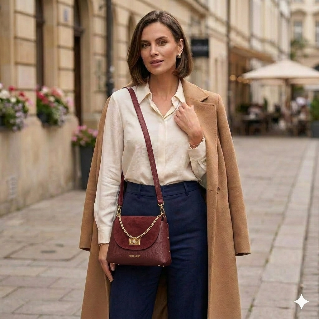 Bolso de mujer de piel serraje natural, burdeos Raisa