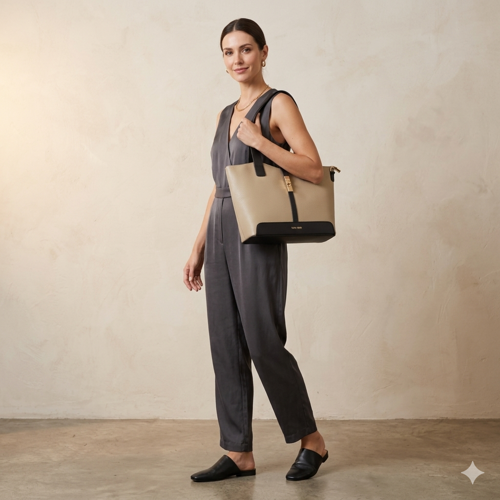 Geanta dama din piele naturala negru-taupe Sorina
