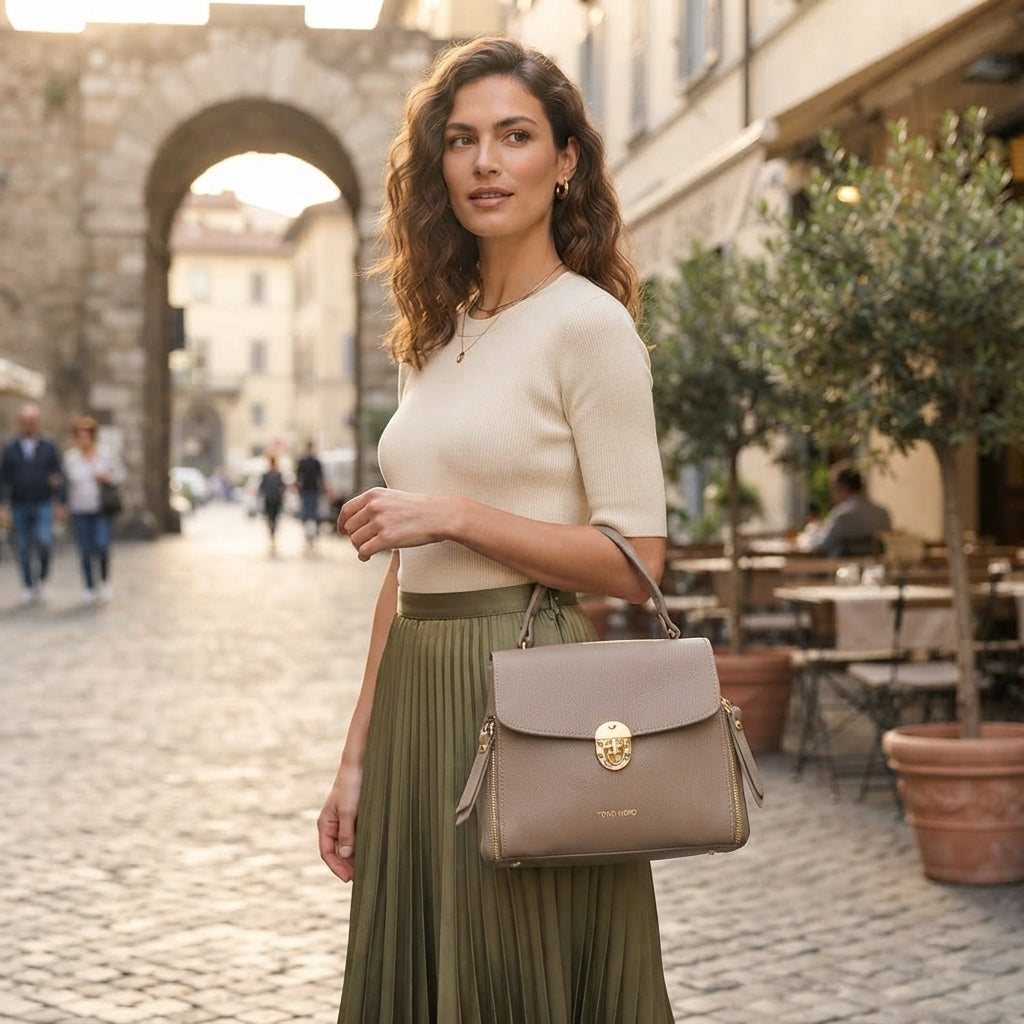 Geanta dama din piele naturala taupe inchis Karla