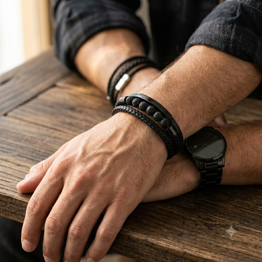 Bratara barbati din piele naturala negru Quartz