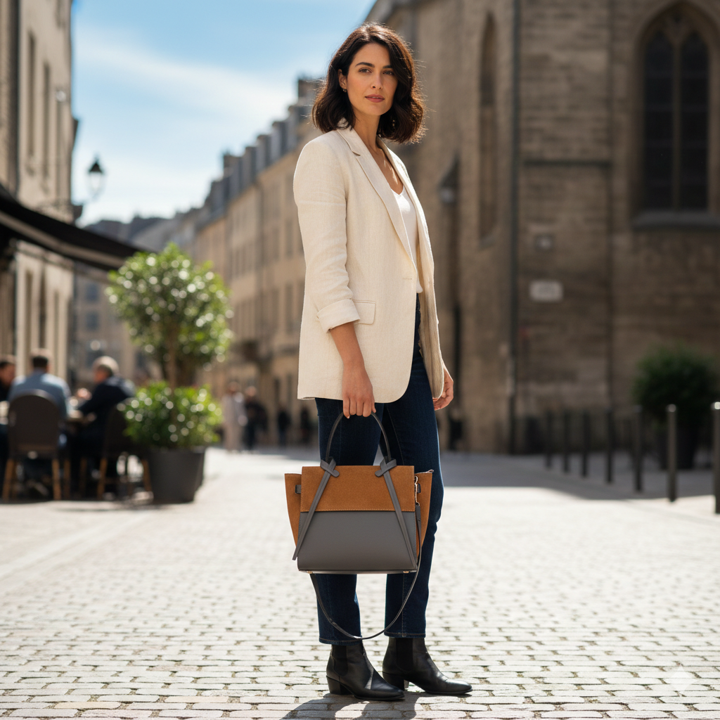 Damenhandtasche aus echtem braun-grauem Leder Erika